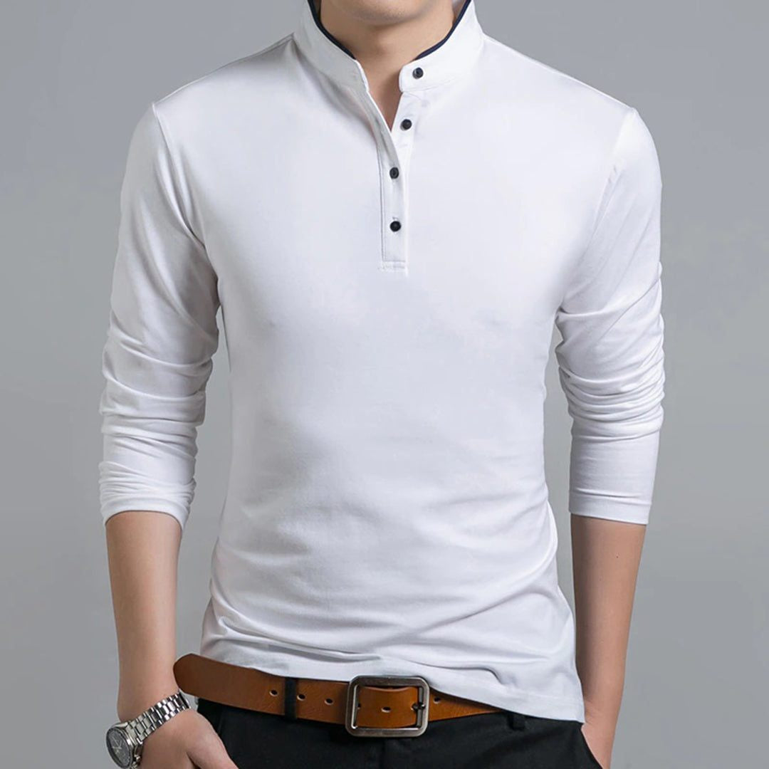Long-Sleeve Polo Shirt with Button Placket - White