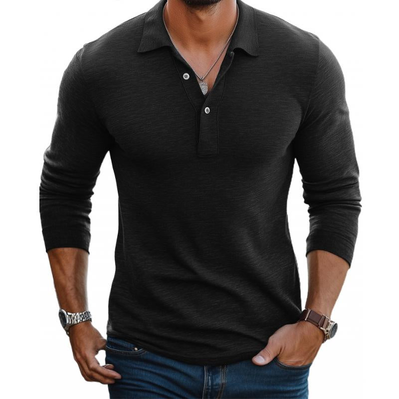 Long-Sleeve Knit Polo Shirt with Ribbed Cuffs - Black