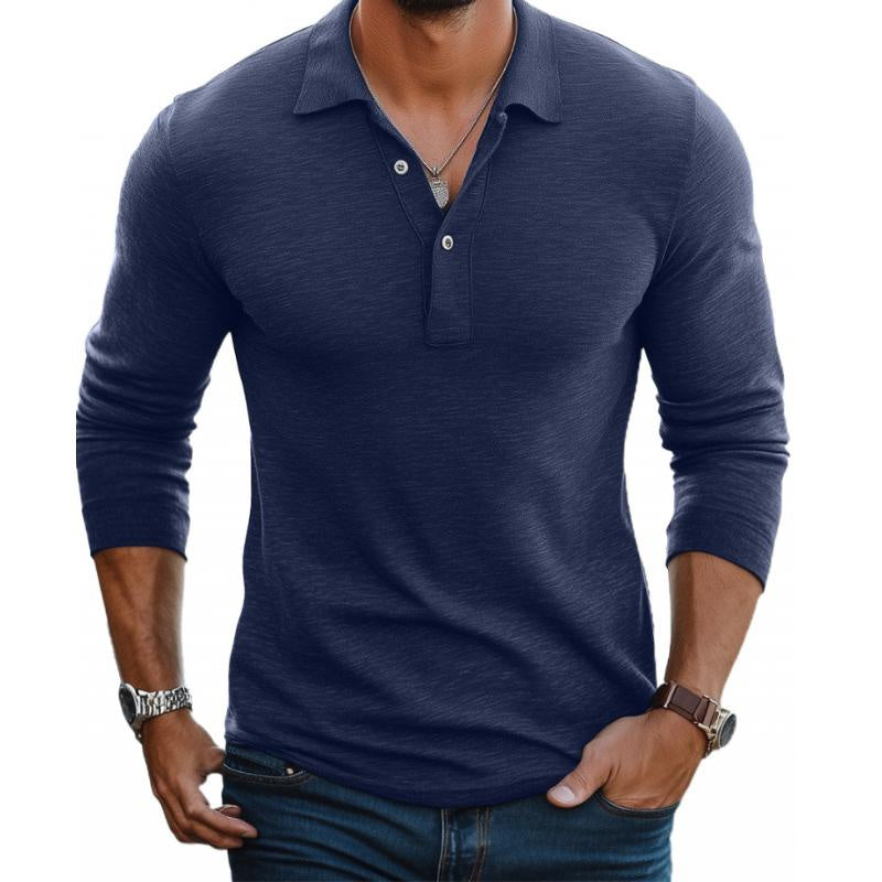 Long-Sleeve Knit Polo Shirt with Ribbed Cuffs - Navy