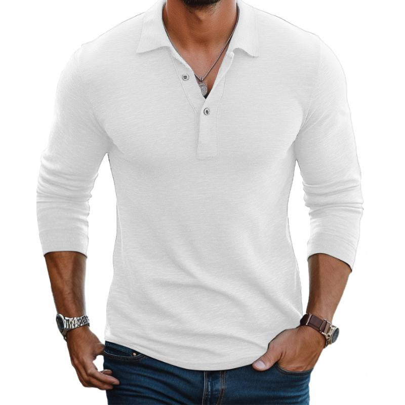 Long-Sleeve Knit Polo Shirt with Ribbed Cuffs - White