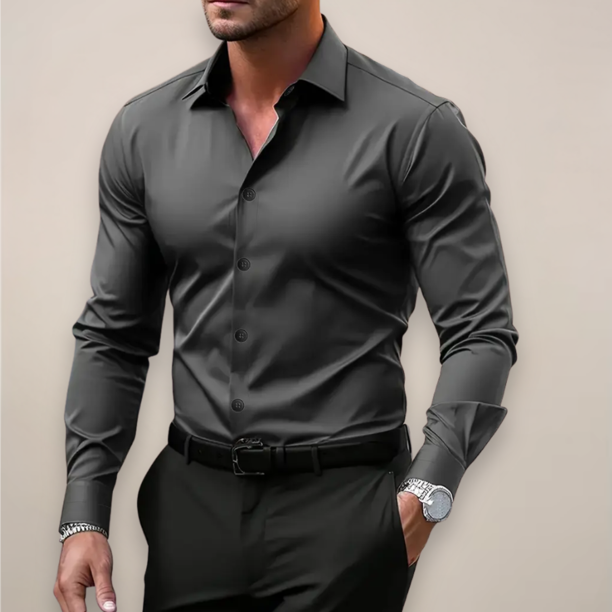 Long-Sleeve Point-Collar Shirt with Buttoned Cuffs - Dark Grey