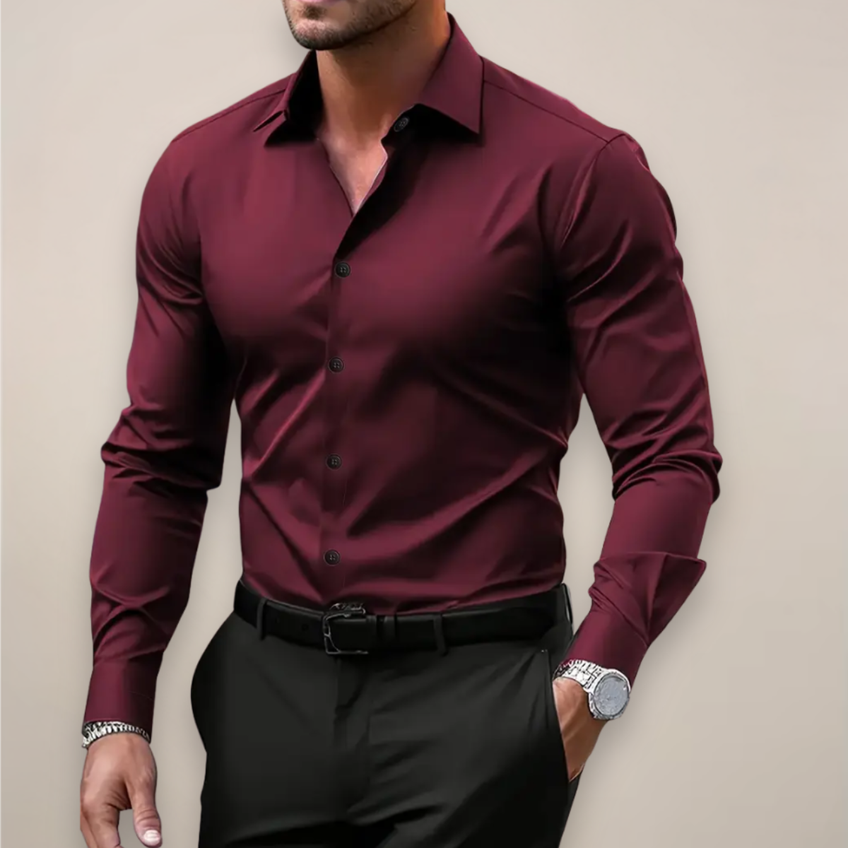 Long-Sleeve Point-Collar Shirt with Buttoned Cuffs - Red Wine