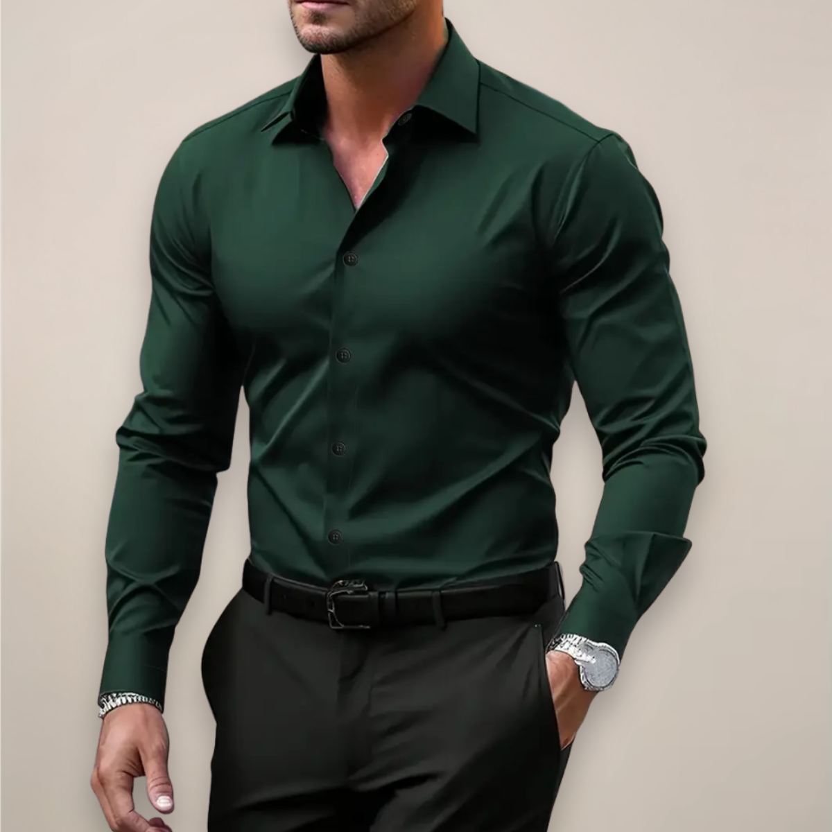 Long-Sleeve Point-Collar Shirt with Buttoned Cuffs - Dark Green
