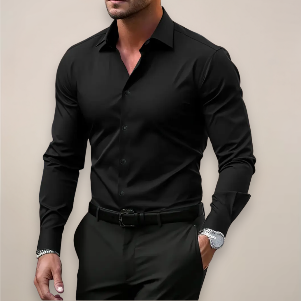 Long-Sleeve Point-Collar Shirt with Buttoned Cuffs - Black