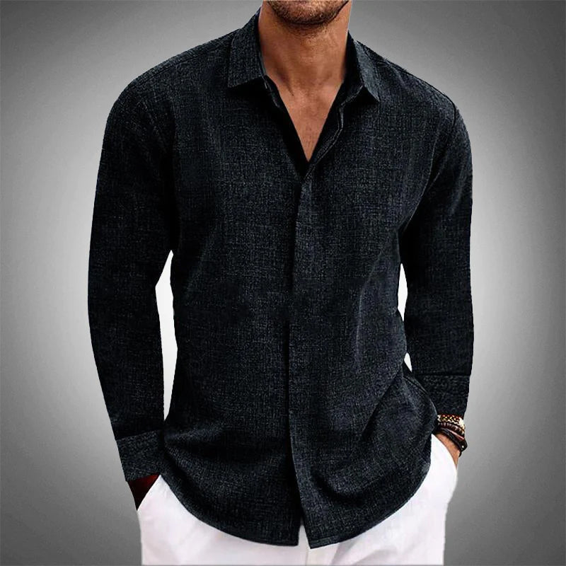Textured Long-Sleeve Shirt with Curved Hem - Black