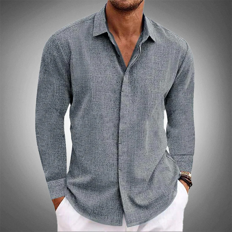 Textured Long-Sleeve Shirt with Curved Hem - Grey