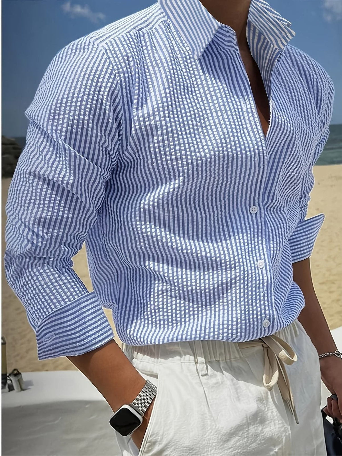 Vertical-Stripe Long-Sleeve Button-Front Shirt - Blue