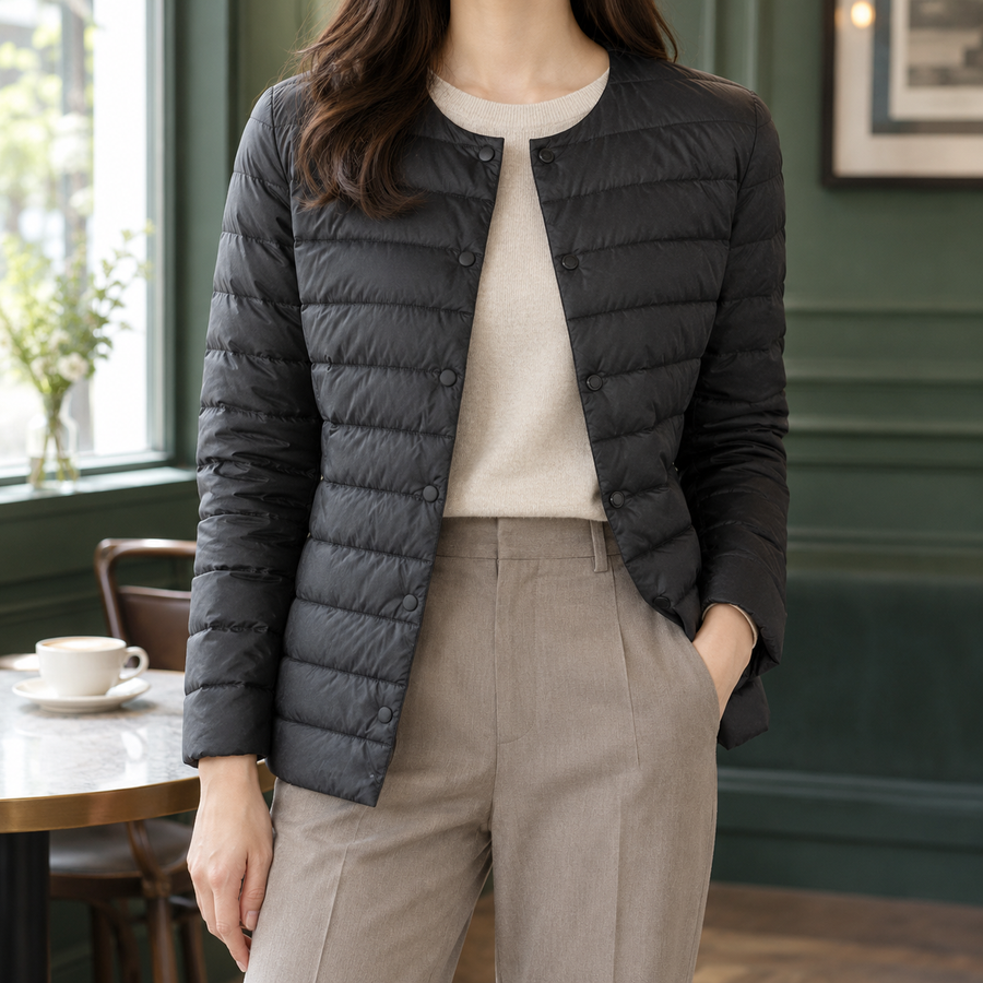 Steppjacke Damen mit Daunenfüllung, hüftlang und leicht tailliert - Schwarz