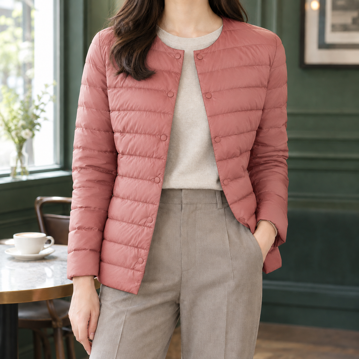 Steppjacke mit Rundhals und Druckknöpfen für Damen