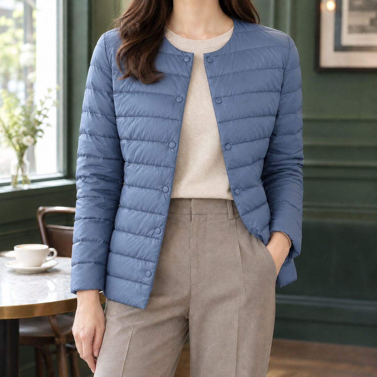 Steppjacke mit Rundhals und Druckknöpfen für Damen