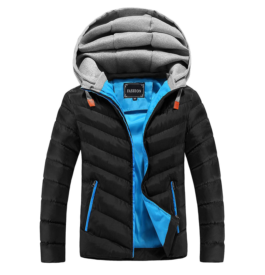 Steppjacke Herren hüftlang mit Kapuze, Kontrastfutter und Reißverschlusstaschen