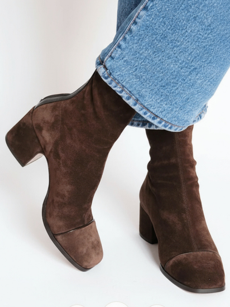 Stiefel knöchelhoch aus Veloursleder mit Blockabsatz für Damen - Dunkelbraun