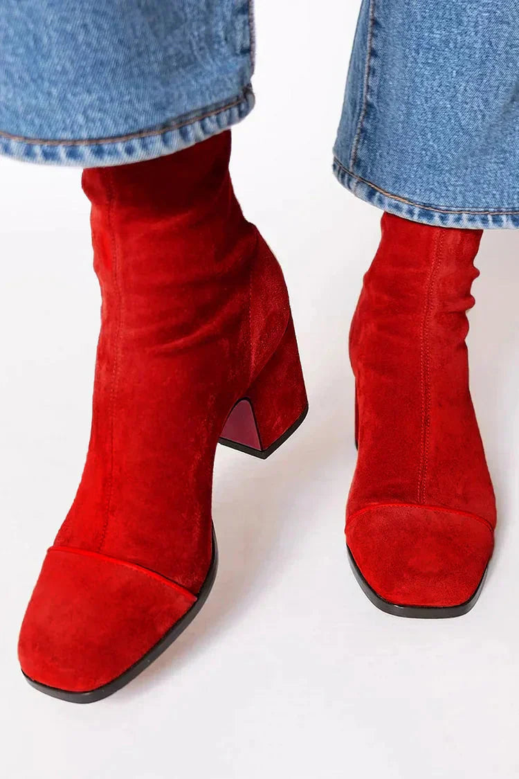 Stiefel knöchelhoch aus Veloursleder mit Blockabsatz für Damen - Rot