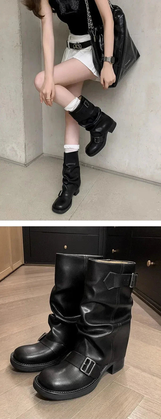 Stiefel mit Falten und Schnallen für Damen