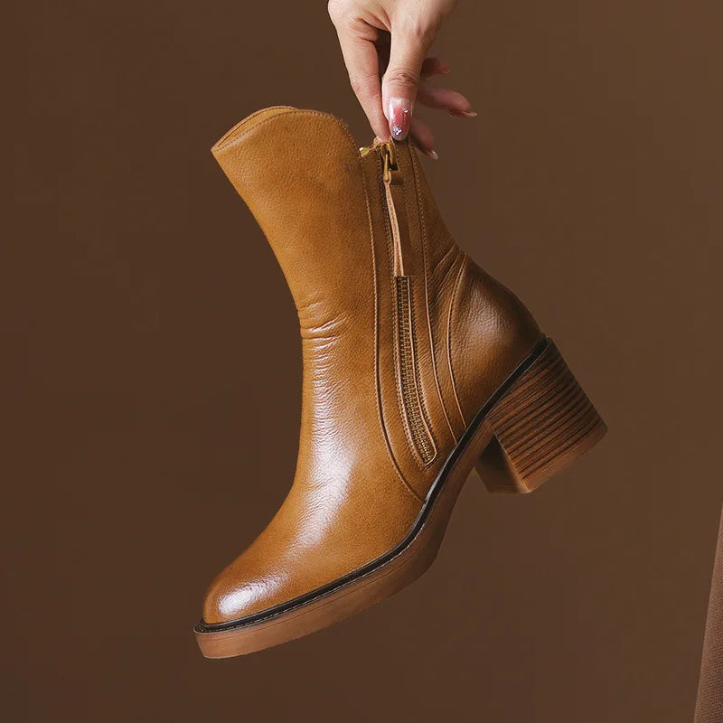 Stiefeletten mit Blockabsatz und Reißverschluss für Damen - Braun