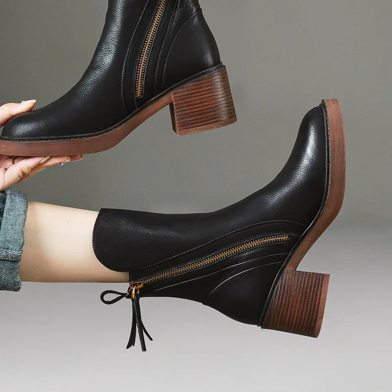 Stiefeletten mit Blockabsatz und Reißverschluss für Damen - Schwarz
