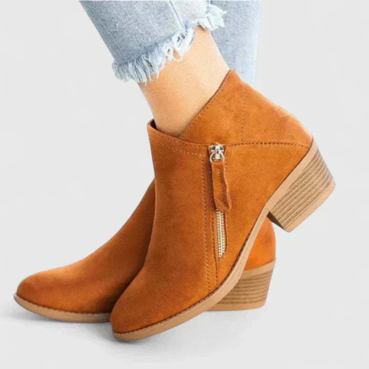 Stiefeletten Damen mit Blockabsatz, seitlichem Reißverschluss und Veloursleder-Optik - Braun
