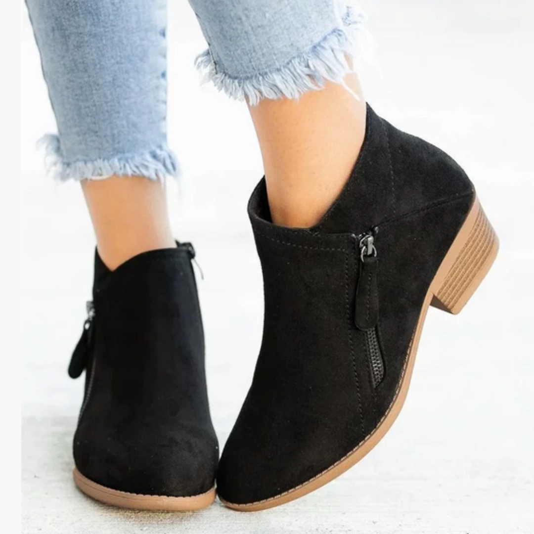 Stiefeletten Damen mit Blockabsatz, seitlichem Reißverschluss und Veloursleder-Optik