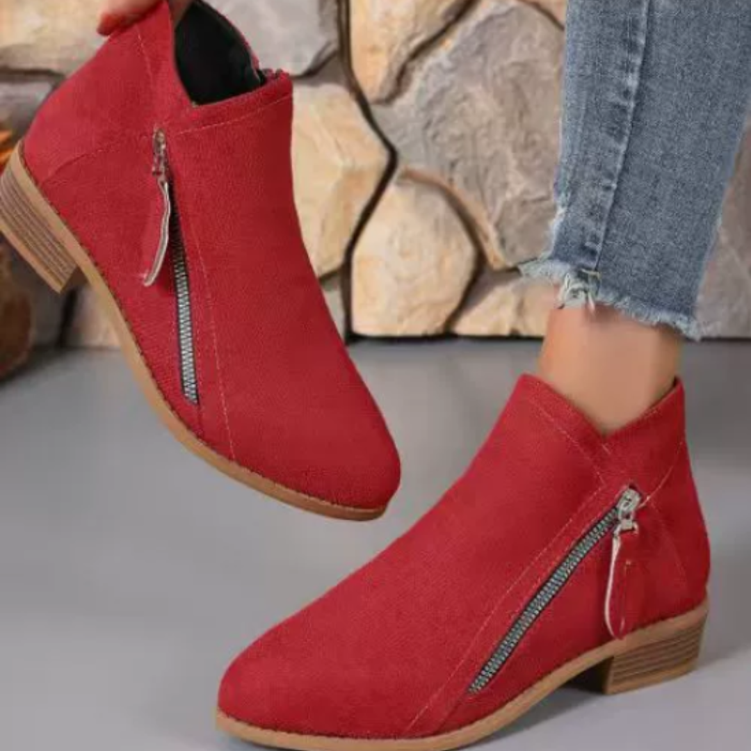 Stiefeletten Damen mit Blockabsatz, seitlichem Reißverschluss und Veloursleder-Optik