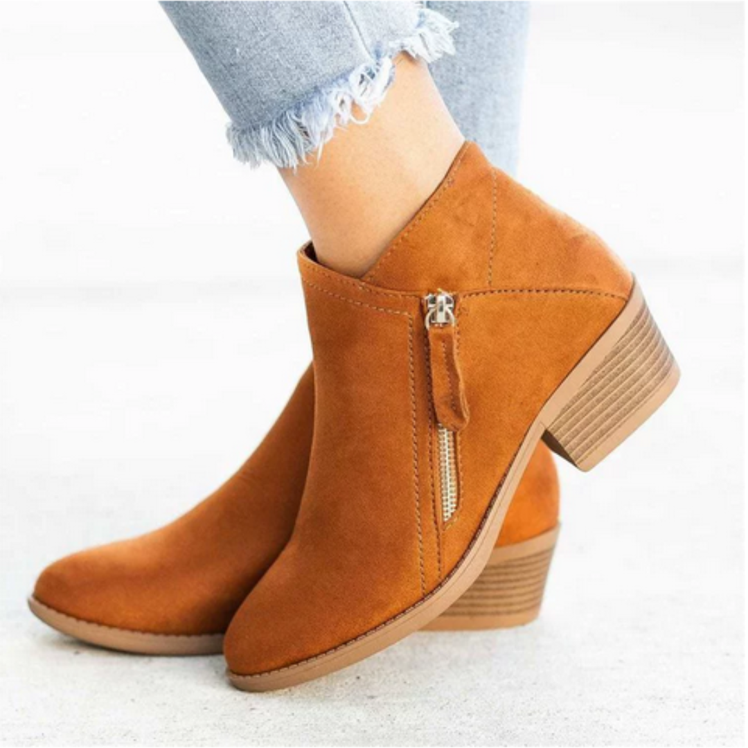 Stiefeletten Damen mit Blockabsatz, seitlichem Reißverschluss und Veloursleder-Optik