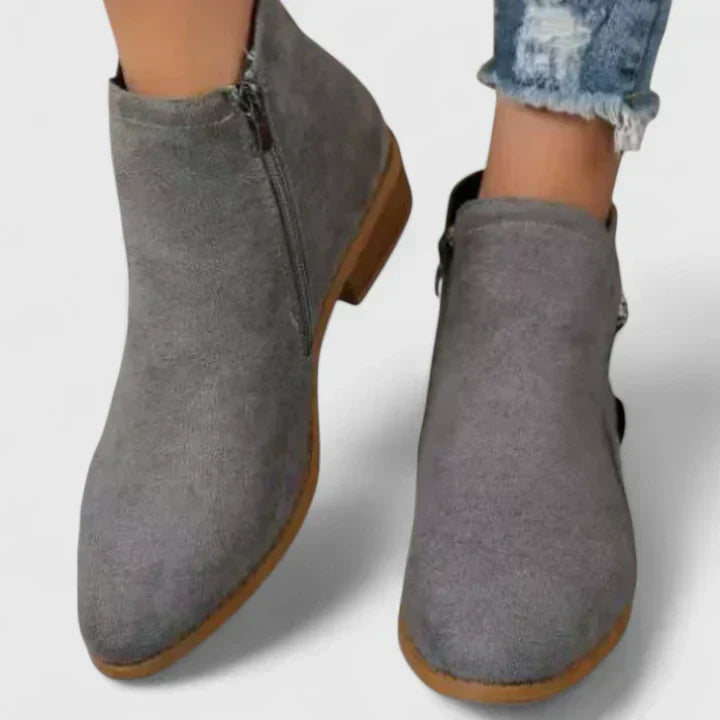 Stiefeletten Damen mit Blockabsatz, seitlichem Reißverschluss und Veloursleder-Optik - Grau