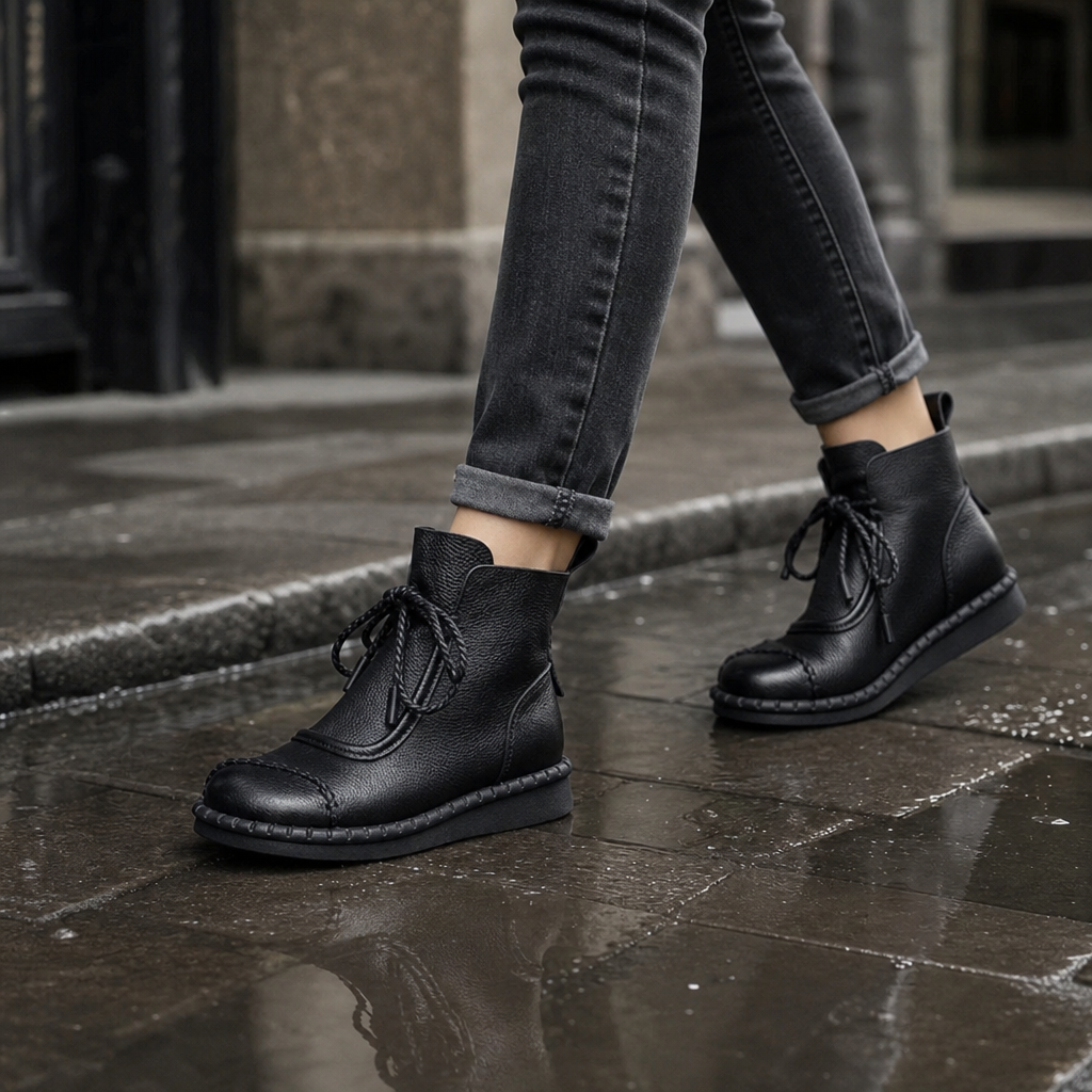 Schnürboots im Retro-Stil mit Gummisohle für Damen - Schwarz