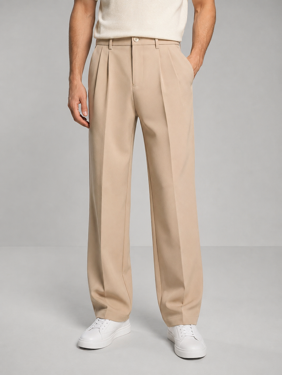 Stoffhose Herren mit Bundfalten, gerades Bein, lockere Passform - Beige