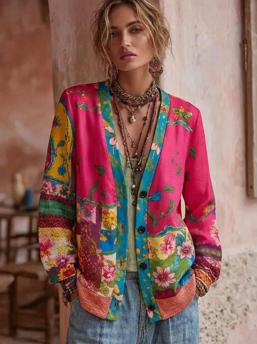 Strickjacke mit Patchwork und V-Ausschnitt für Damen