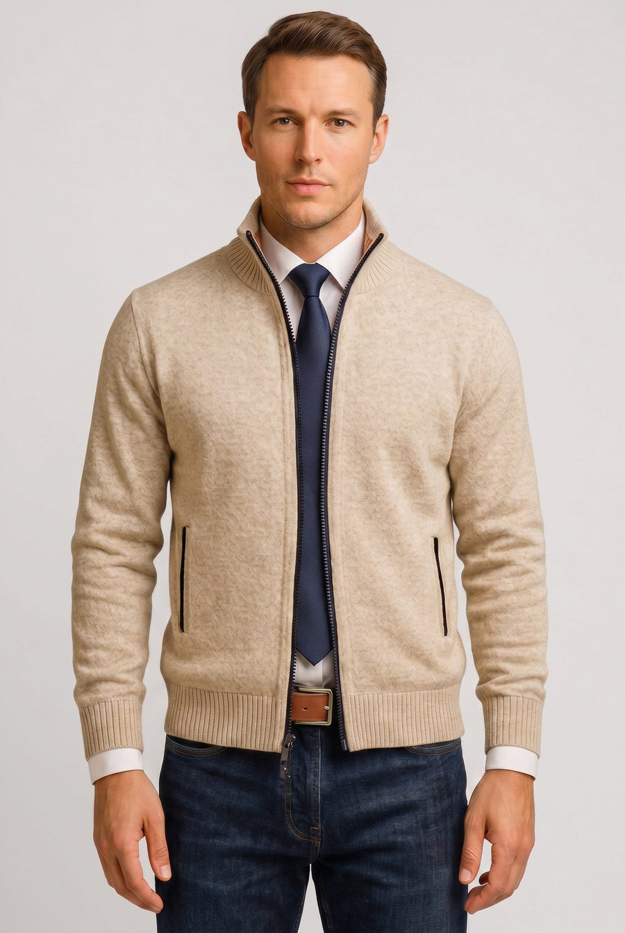 Strickjacke mit Reißverschluss und Rippstruktur für Herren - Beige