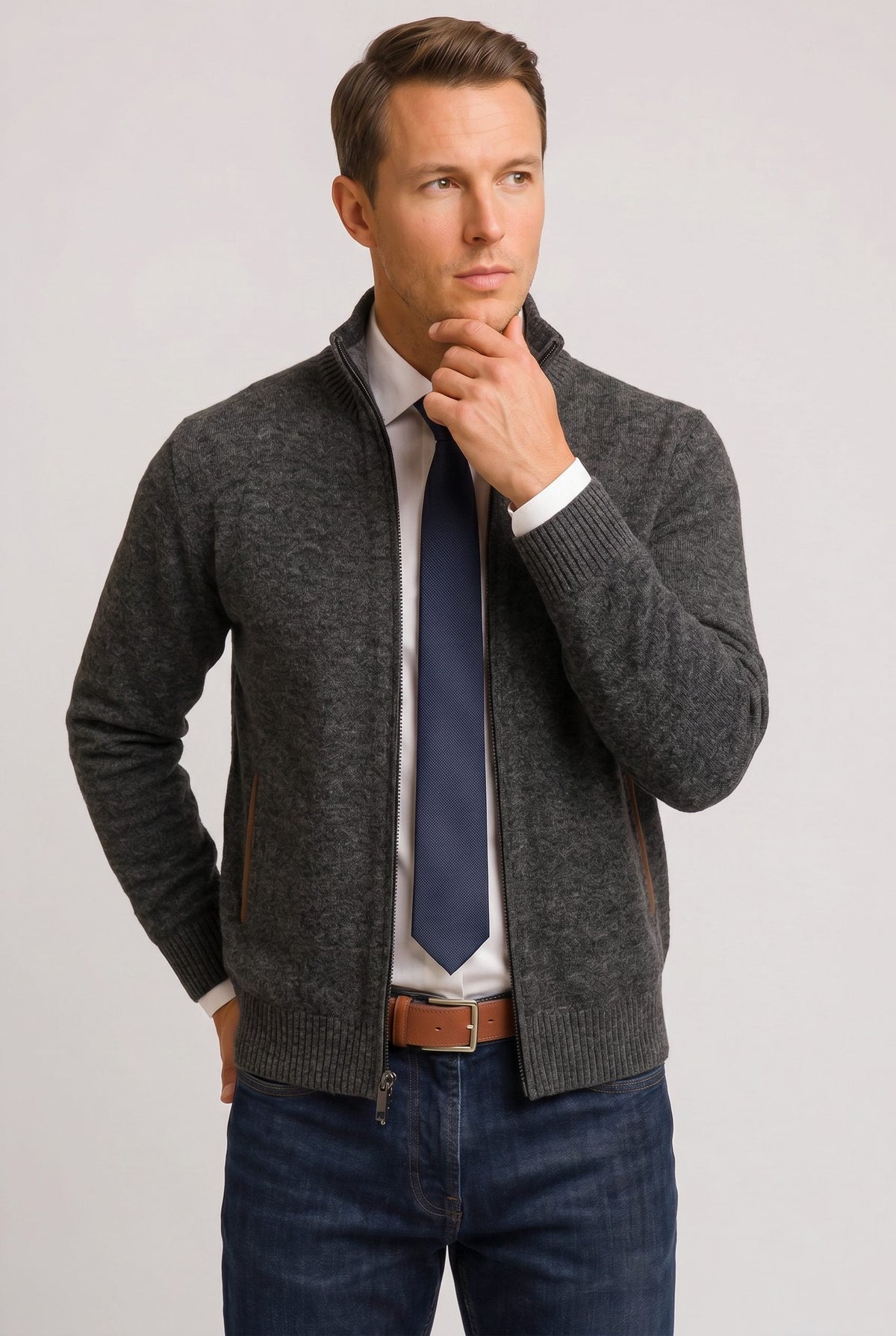 Strickjacke mit Reißverschluss und Rippstruktur für Herren - Dunkelgrau