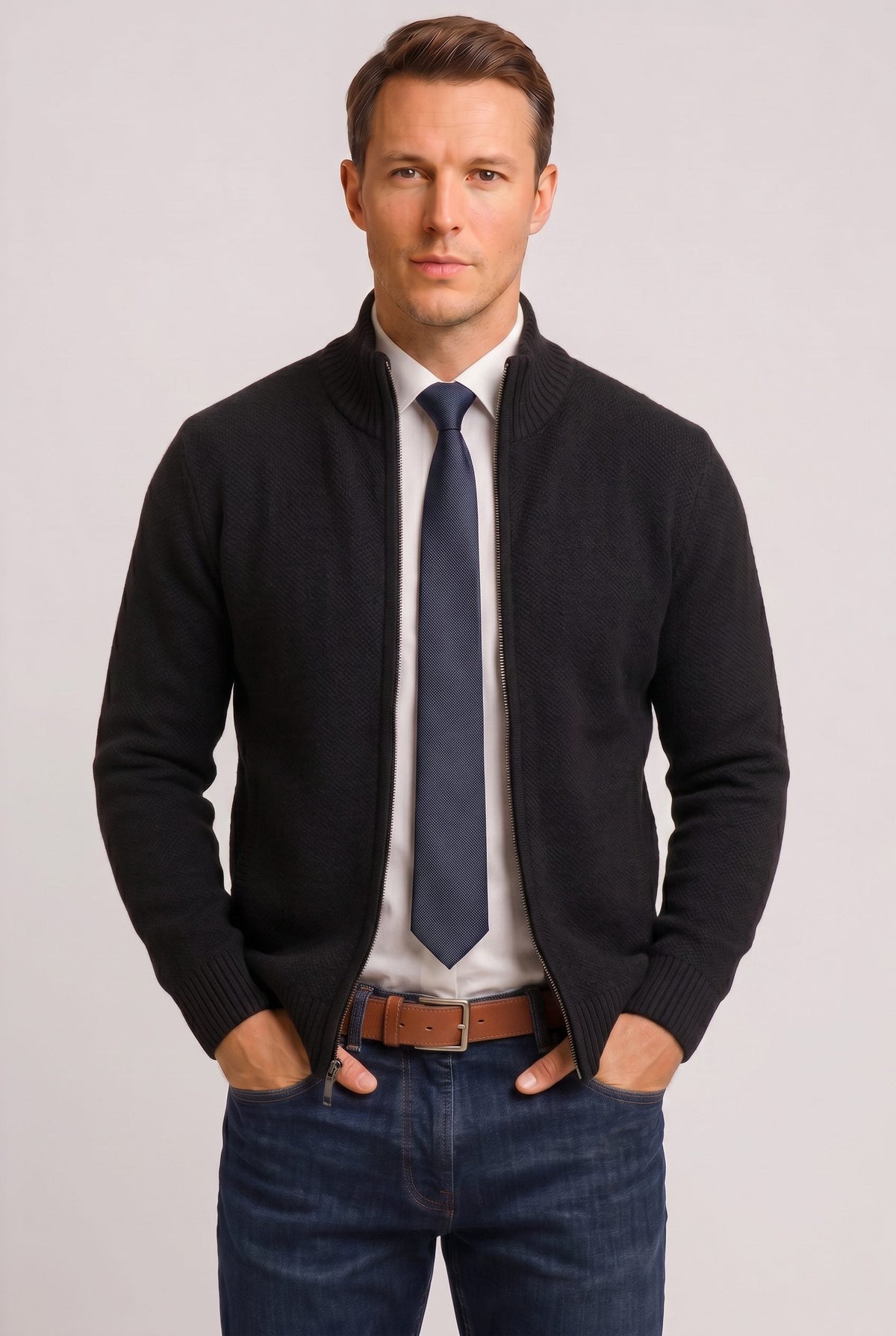 Strickjacke mit Reißverschluss und Rippstruktur für Herren - Schwarz