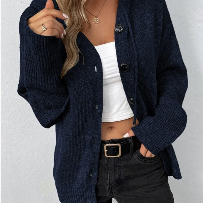 Strickjacke Damen hüftlang mit Kapuze und V-Ausschnitt