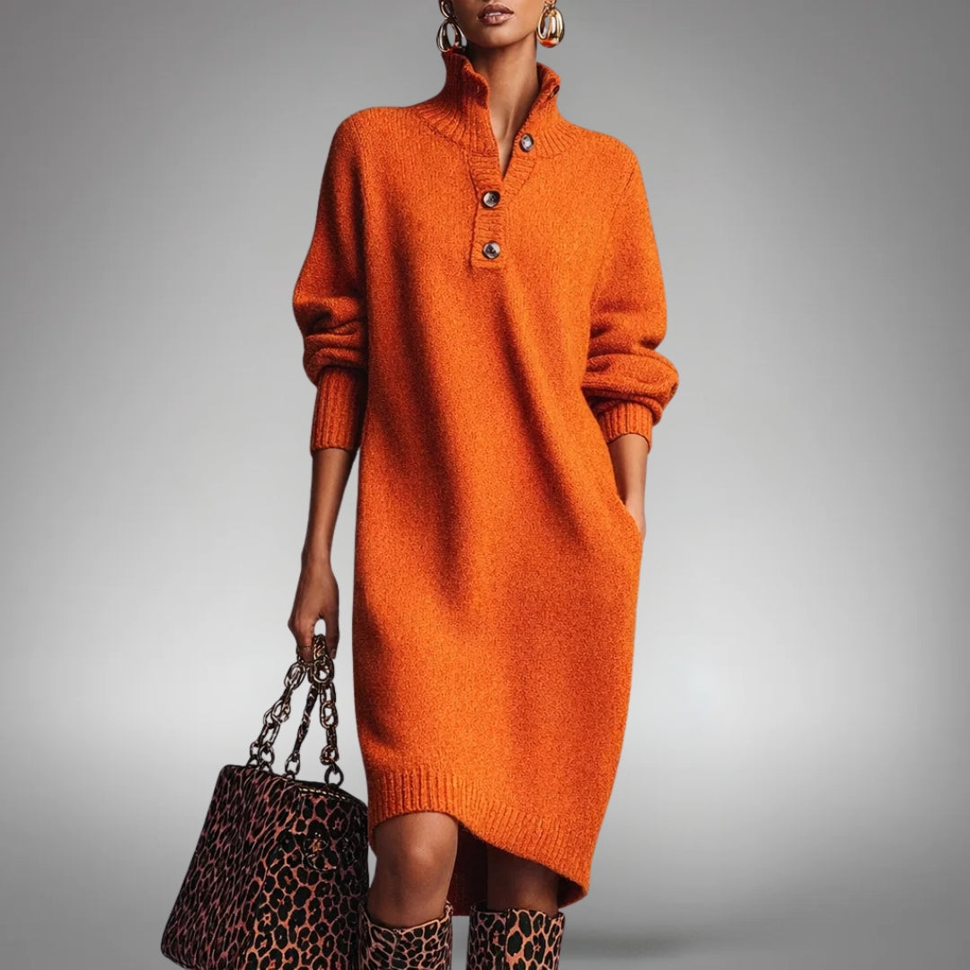 Strickkleid mit hohem Ausschnitt und Knopfleiste für Damen