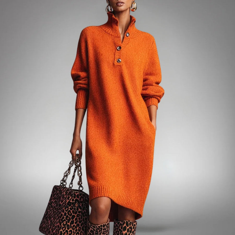 Strickkleid mit hohem Ausschnitt und Knopfleiste für Damen