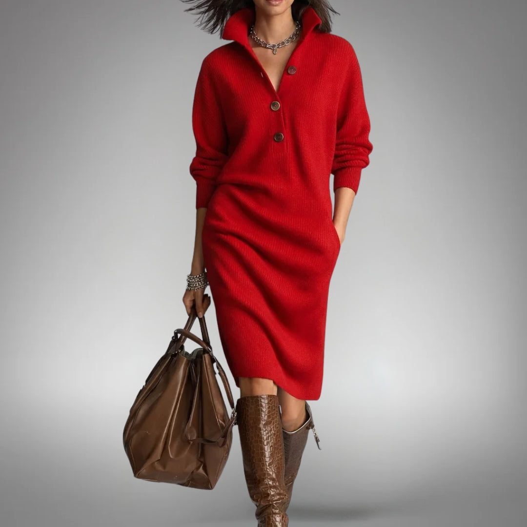 Strickkleid mit hohem Ausschnitt und Knopfleiste für Damen