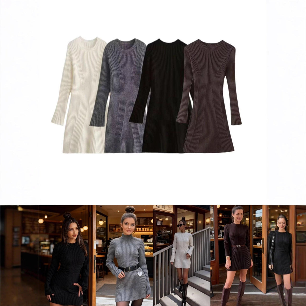 Strickkleid mit Rippstruktur und Rundhals für Damen