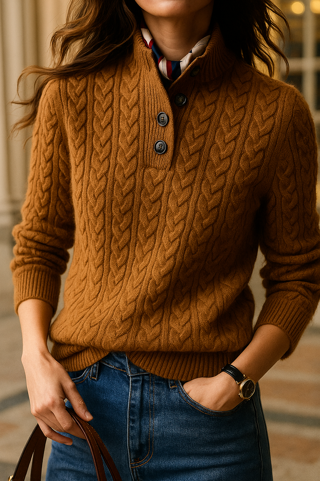 Strickpullover mit Zopfmuster und Knopfleiste für Damen