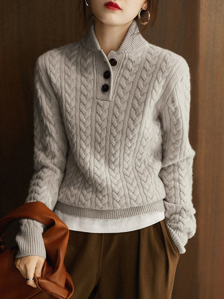 Strickpullover mit Zopfmuster und Knopfleiste für Damen