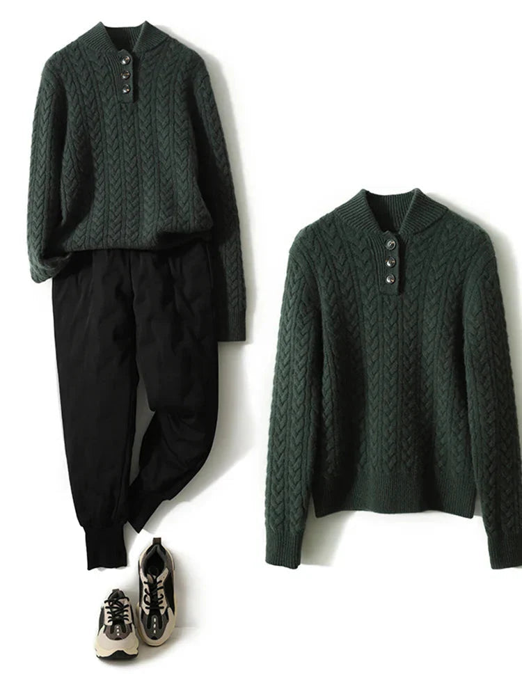 Strickpullover mit Zopfmuster und Knopfleiste für Damen