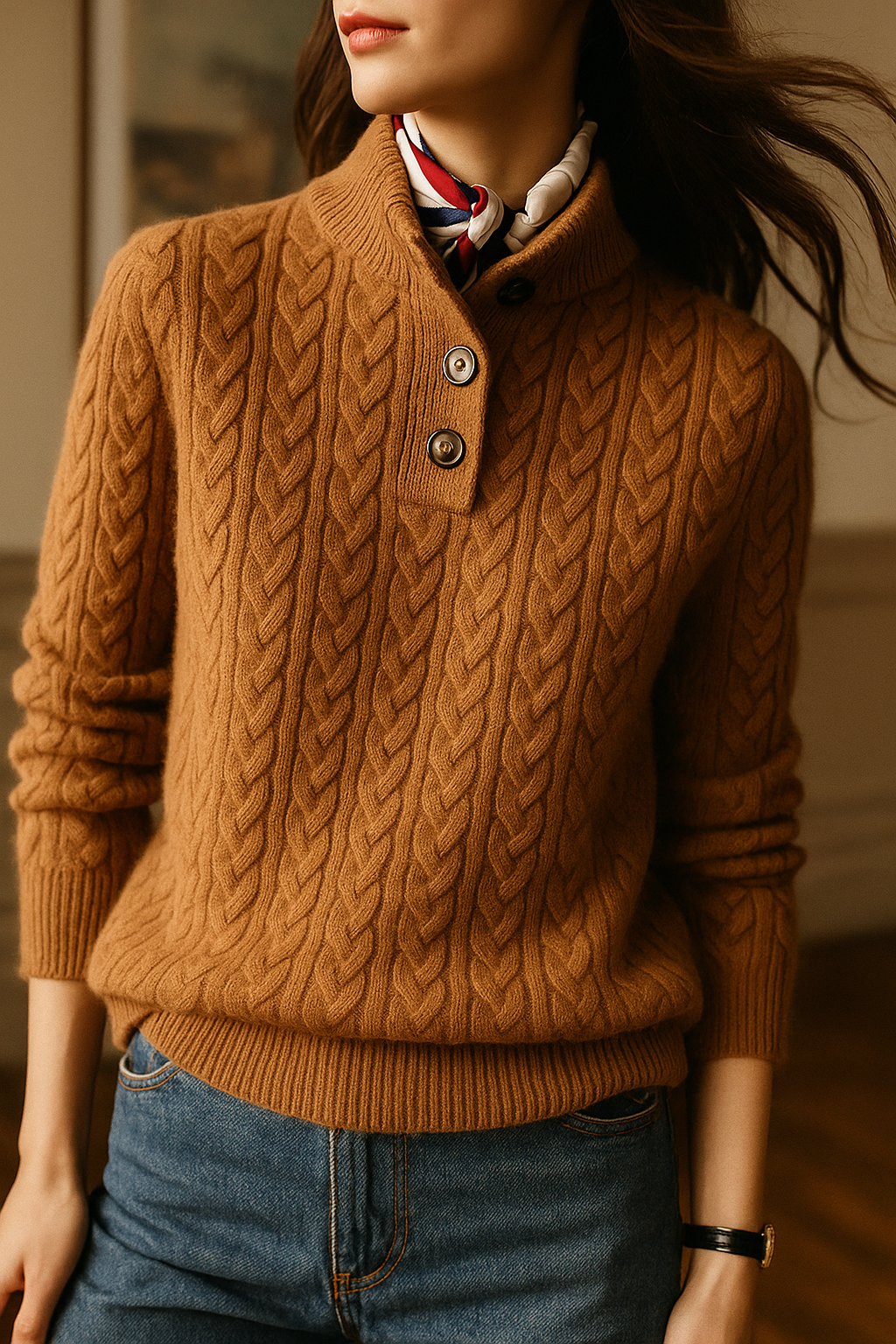 Strickpullover mit Zopfmuster und Knopfleiste für Damen
