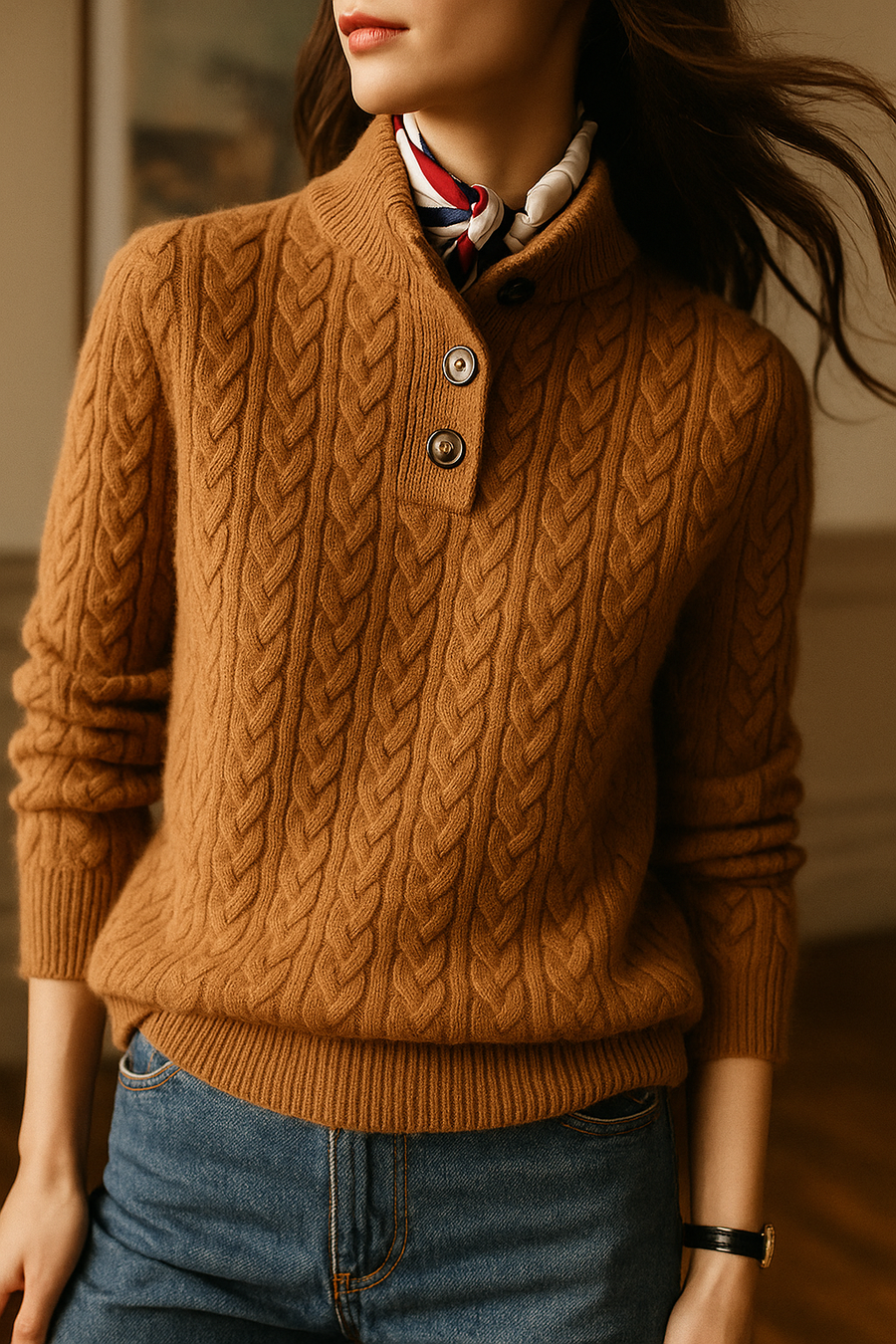 Strickpullover Damen mit Zopfmuster, lockerer Schnitt und Polokragen