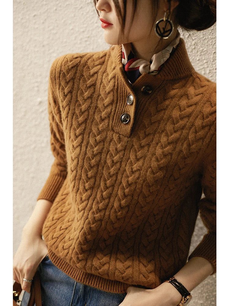 Strickpullover mit Zopfmuster und Knopfleiste für Damen
