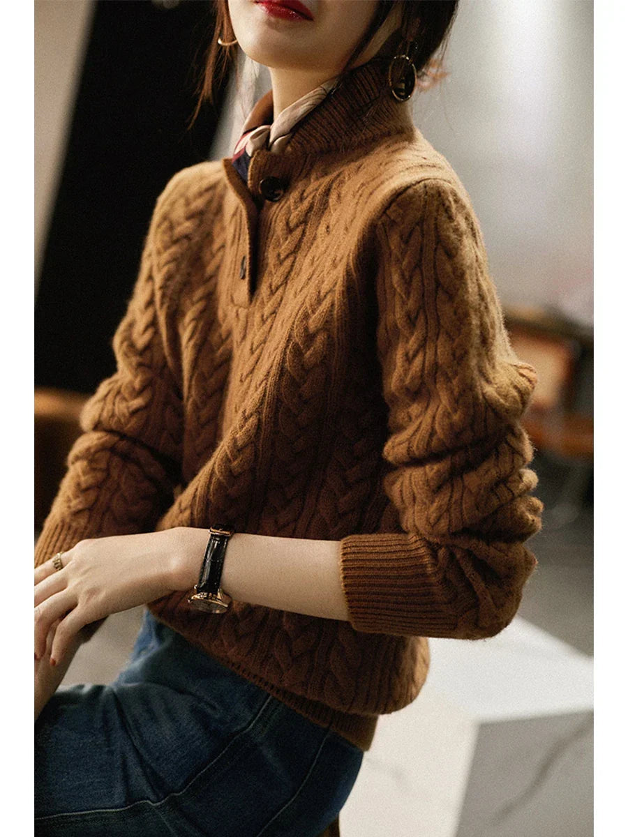 Strickpullover mit Zopfmuster und Knopfleiste für Damen