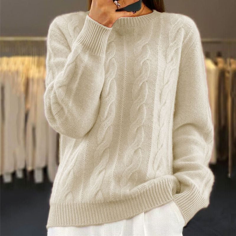 Strickpullover Damen locker mit Zopfmuster und Rundhalsausschnitt - Beige