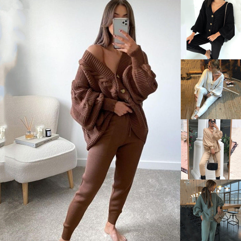 Strickset mit Zopfmuster und V-Ausschnitt für Damen