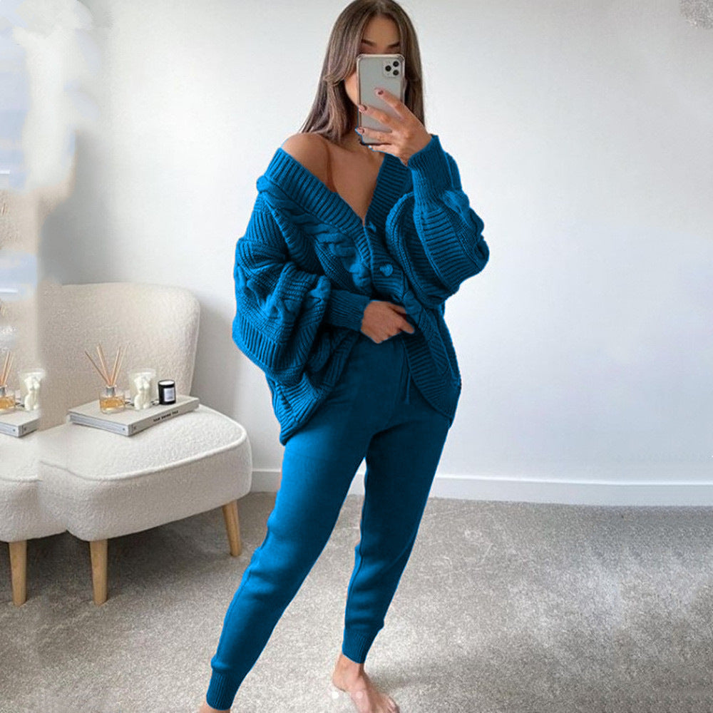 Strickset mit Zopfmuster und V-Ausschnitt für Damen