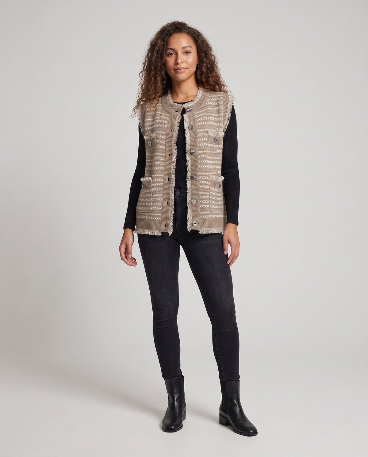Strickweste mit Jacquardmuster und Fransen für Damen