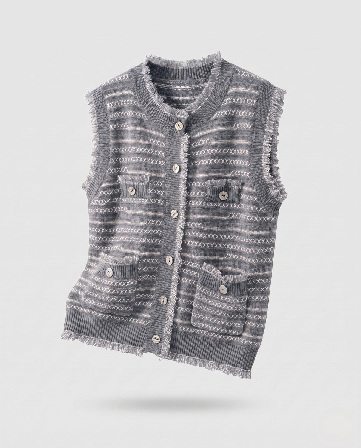 Strickweste mit Jacquardmuster und Fransen für Damen - Grau