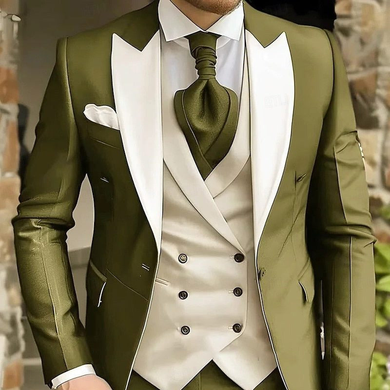 Contrast-Lapel Three-Piece Suit - Army Green