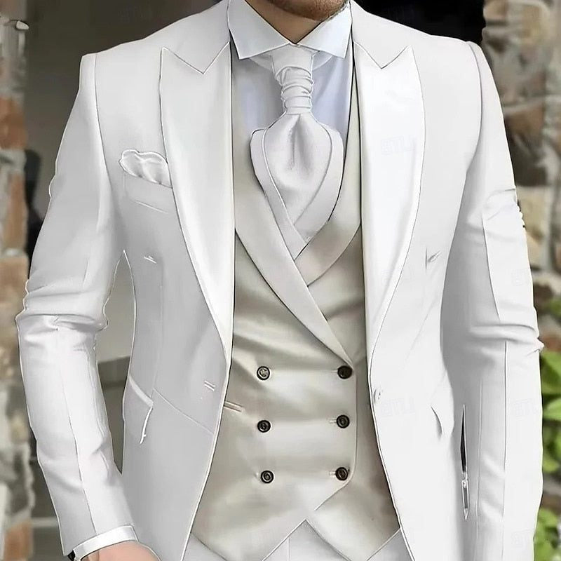 Contrast-Lapel Three-Piece Suit - White